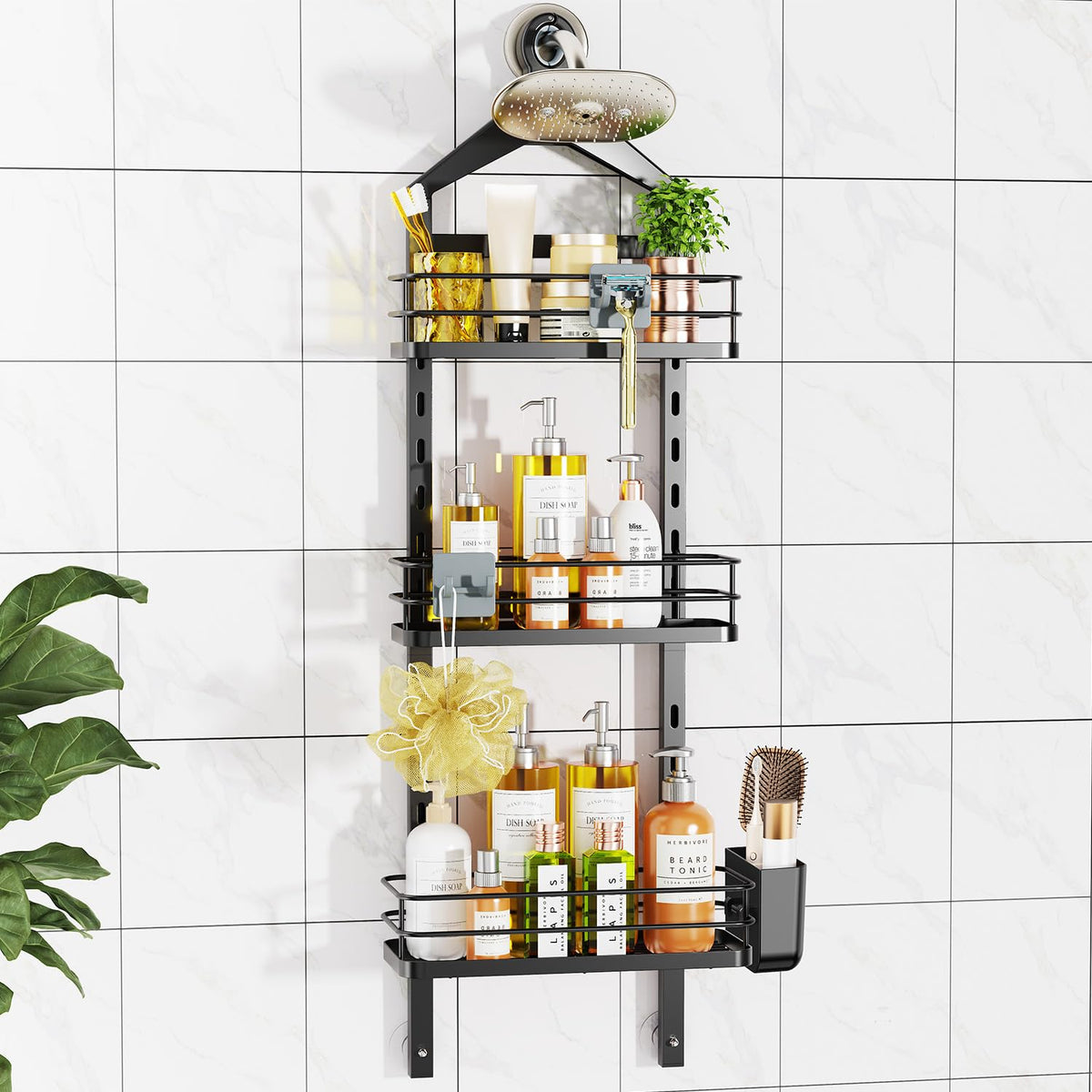 ODesign 4 Tier Adjustable Shower Organizer Hanging Over Showerhead Black