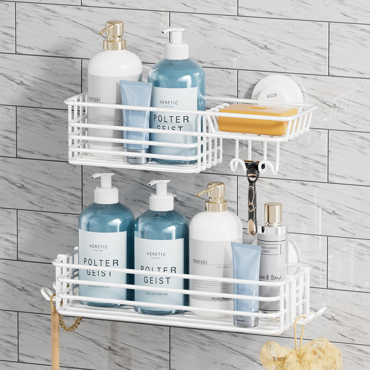 TAILI Shower Caddy Suction Cup 2 Pack with Hooks & Soap holder, Black
