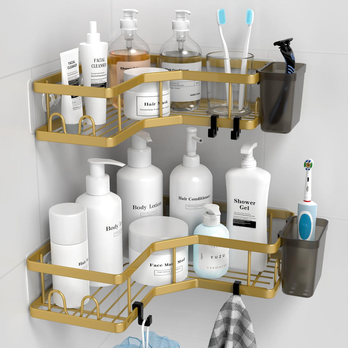 AKTECKE Corner Shower Caddy, 2 Pack Adhesive Shower Corner Organizer Shelves, No Drilling Stainless Steel Shower Storage Rack with Hooks&Toothpaste Holder for Bathroom Kitchen （for 90° Corners Only）