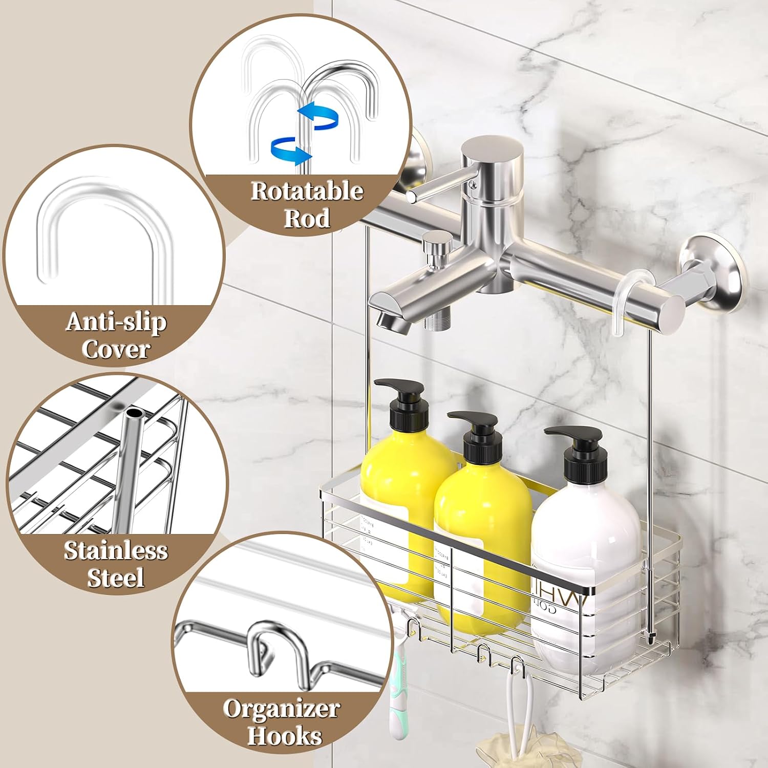DELLAN Hanging Shower Organizer, Shower Rack with Hooks Over the Door