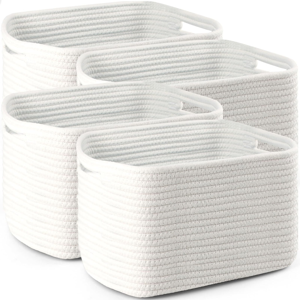 4 Pack Storage Baskets for Organizing, 12''Lx9''Wx8''H Woven Baskets for Storage Toys, Towels, Books, and Clothes, Cotton Rope Basket for Shelves with Handle