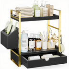 2-Tier Bathroom Counter Organizer, Wooden Vanity Shelf with Drawer & Basket