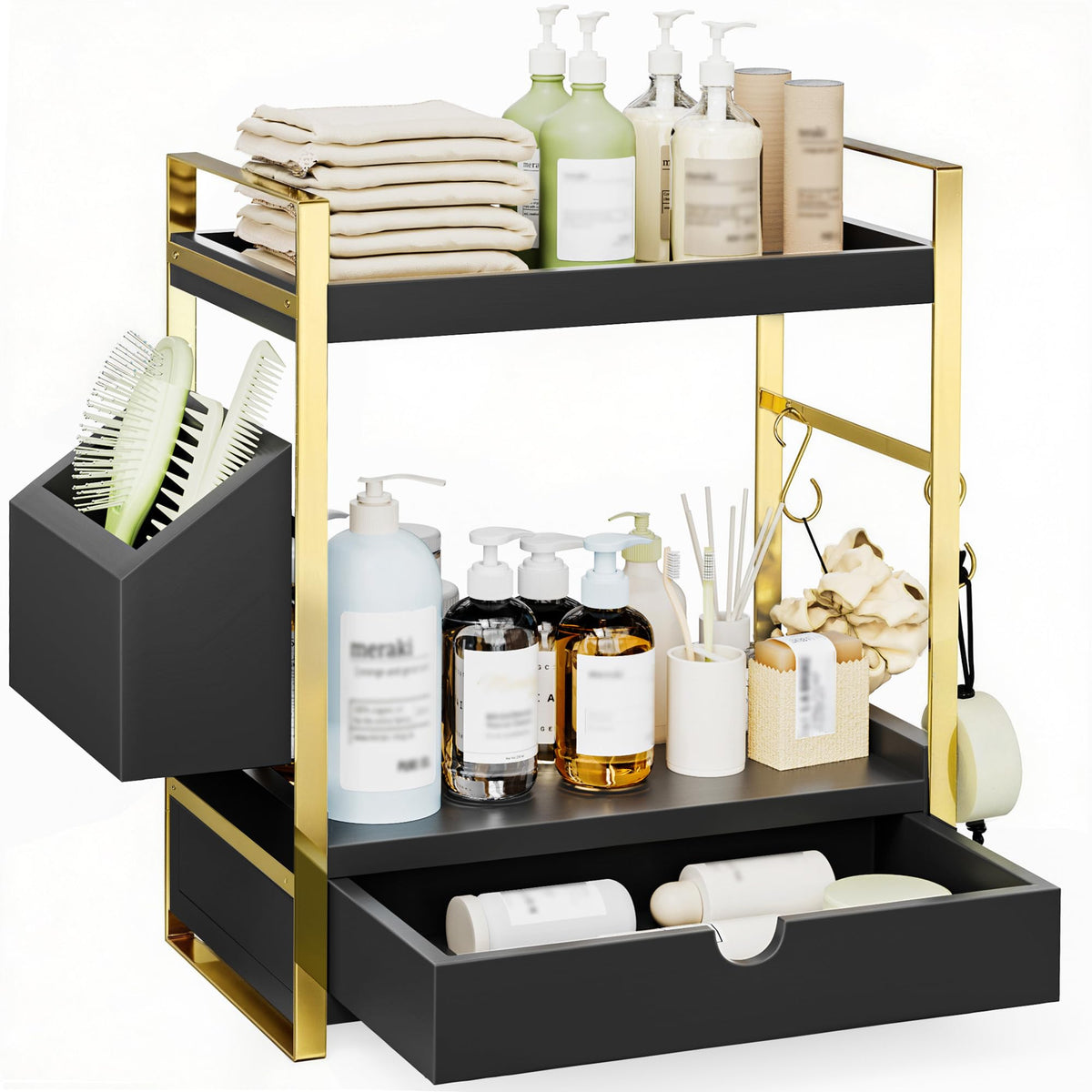 2-Tier Bathroom Counter Organizer, Wooden Vanity Shelf with Drawer & Basket