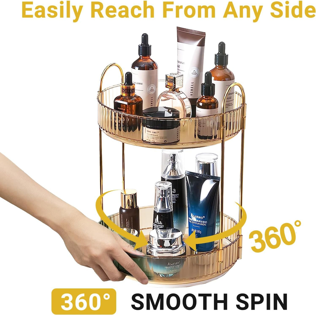 Asayuee 360 Rotating Gold Makeup Organizer,2 Tier Large Capacity Rotating Makeup Organizer,SkincarePerfume Organizer,Bathroom Cosmetics Storage Organizer Countertop (Gold-2 Tier)