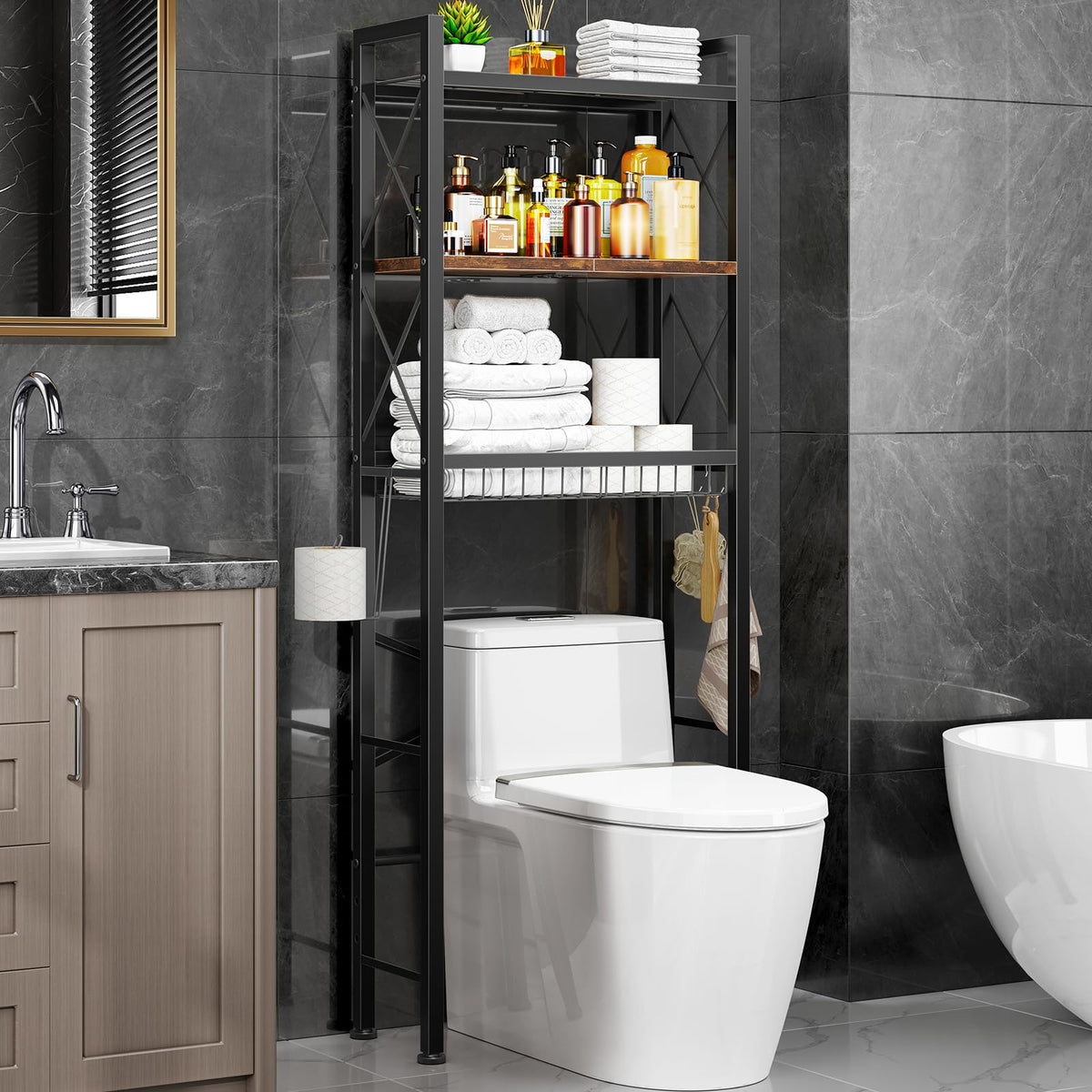 Kalrin Over The Toilet Storage with X Shape Side Guardrail, 3-Tier Over Toilet Storage Rack with Drain Basket, Freestanding Bathroom Organizer for Balcony Laundry, Pure Black