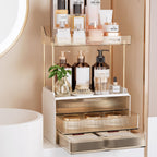 Delamu 4-Tier Makeup Organizer, Bathroom Counter Storage, 2 Drawers, Amber
