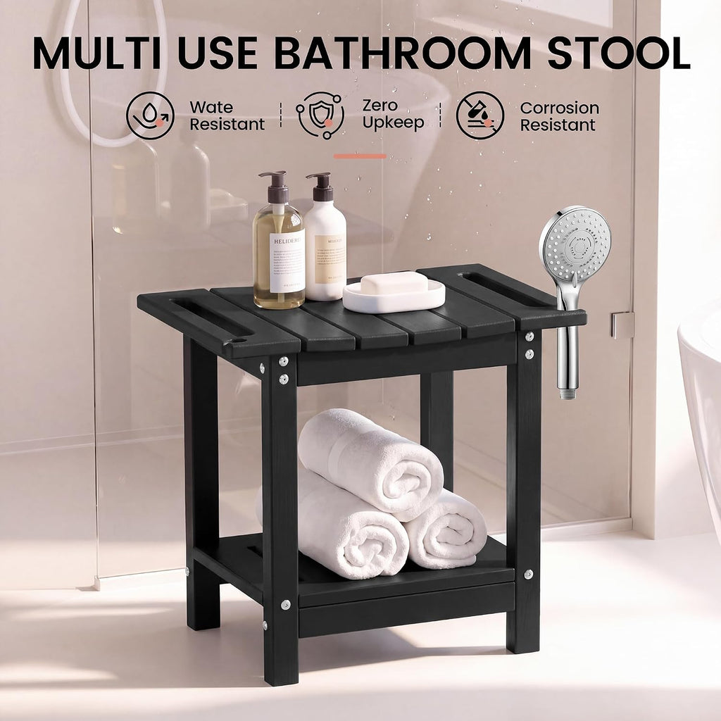 Plawdlik Shower Stool with Shelf, HDPE Weather‑Resistant Shower Bench
