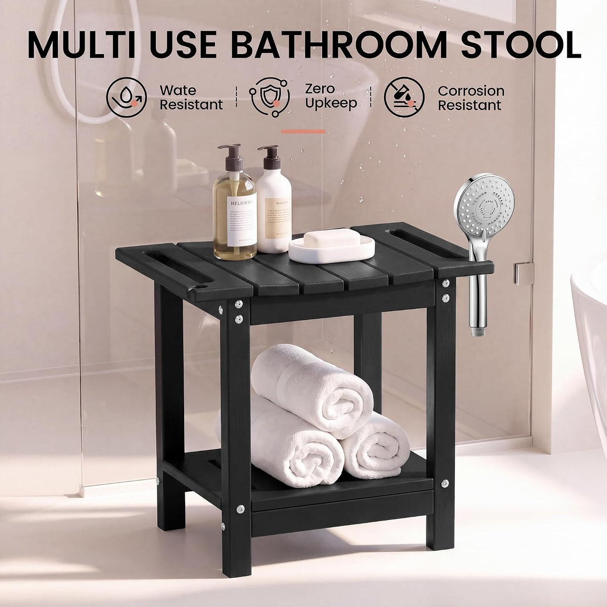 Plawdlik Shower Stool with Shelf, HDPE Weather‑Resistant Shower Bench