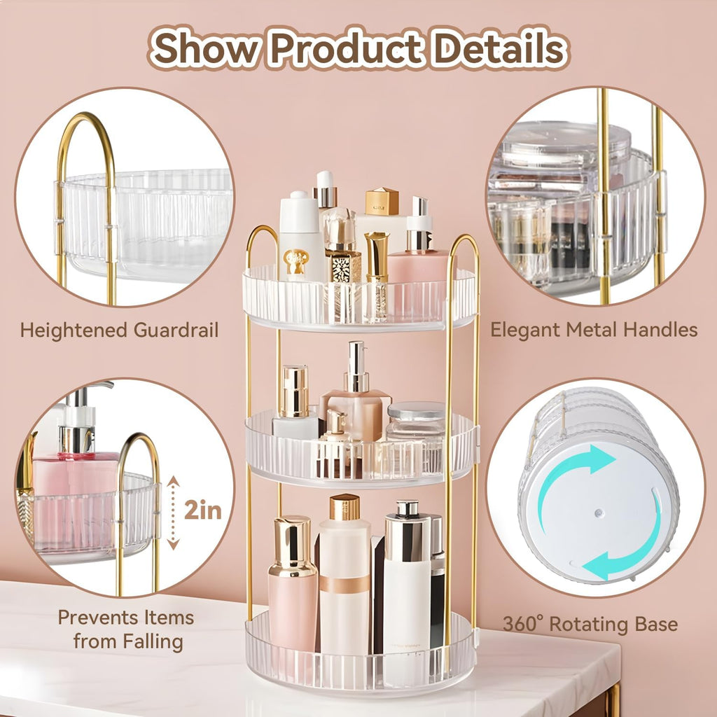 360° Rotating Makeup Organizer for Vanity, 3 Tier Perfume Organizers, Clear