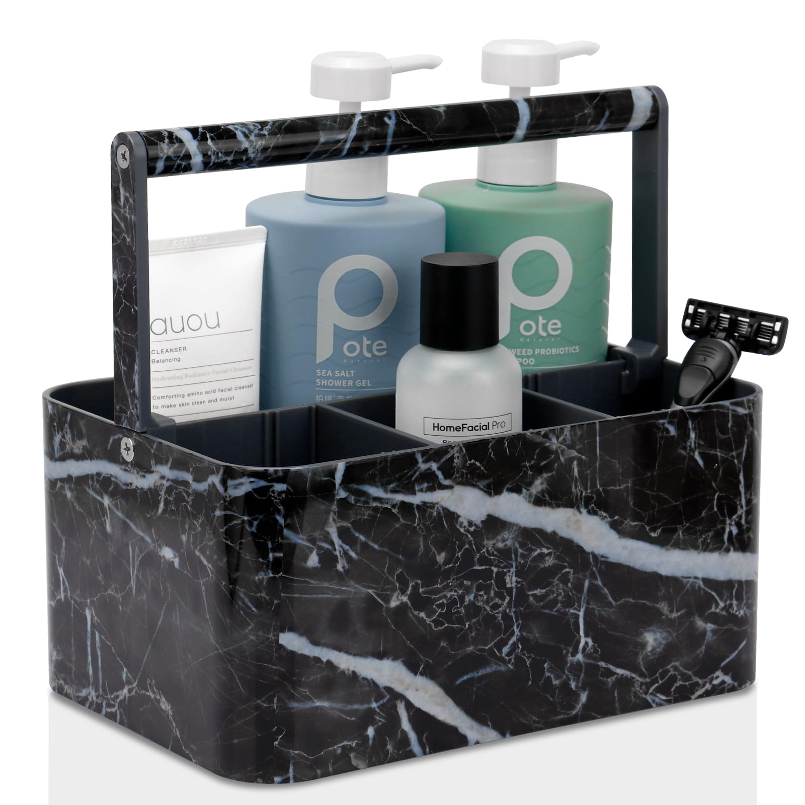 BYUNER Portable Shower Caddy Dorm: Bathroom Caddy Organizer with Handle and Adjustable Dividers,Plastic Shower Basket for Toiletry,Makeup,Vanity,Shower Storage Tote for College, Cleaning Caddy, Black