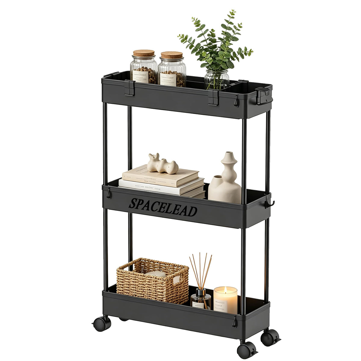 SPACELEAD Slim Storage Cart 3 Tier,Bathroom Organizer Rolling Utility, Mobile Shelving Unit Slide Out for Office, Kitchen, Laundry Room & Narrow Places,White