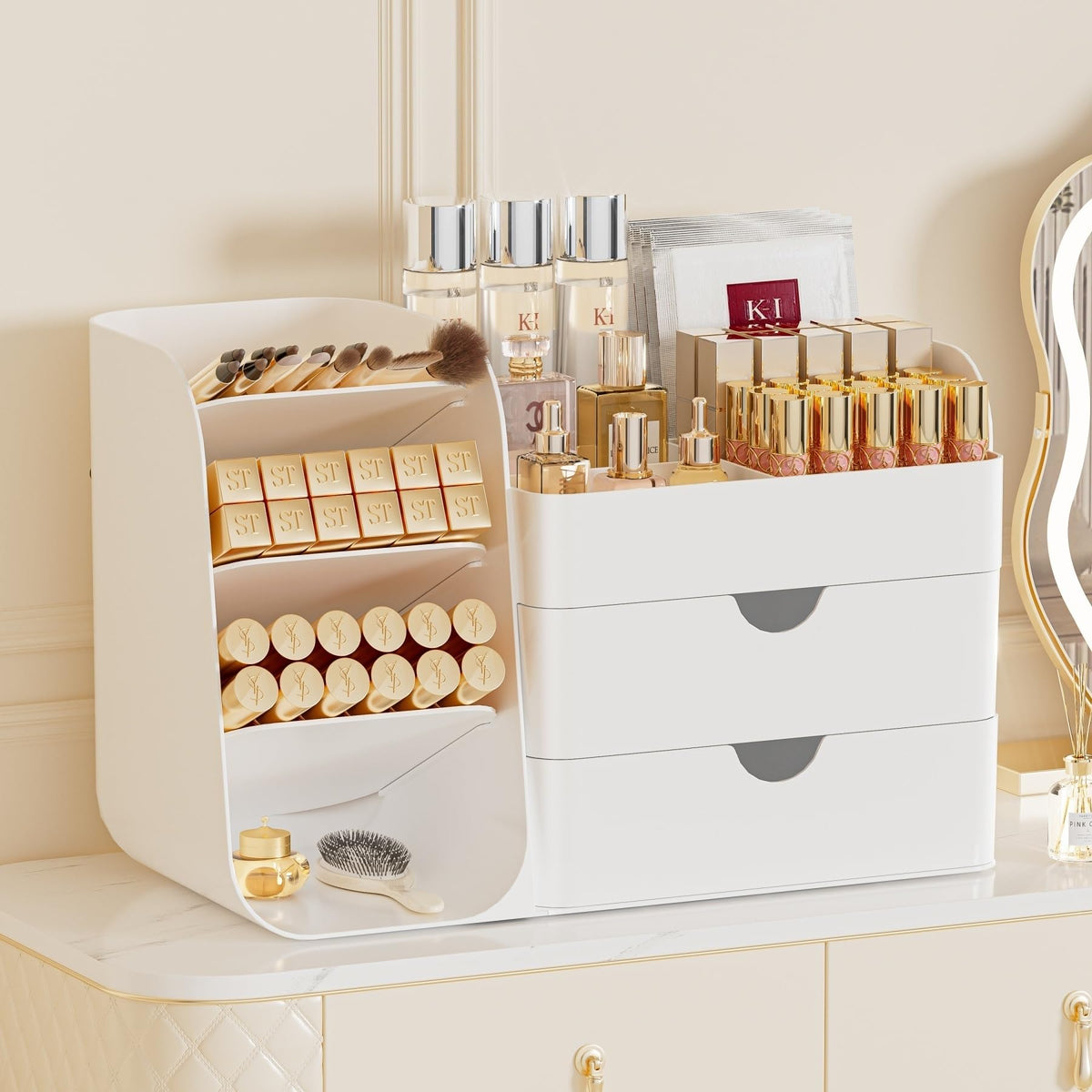 Makeup Organizer for Vanity - Large Skincare Organizers Countertop, Cosmetic Organizer with Brush Holder and 2 Drawer, Makeup Storage for Lipsticks, Nail Polishes, Eyeshadow Palettes, White