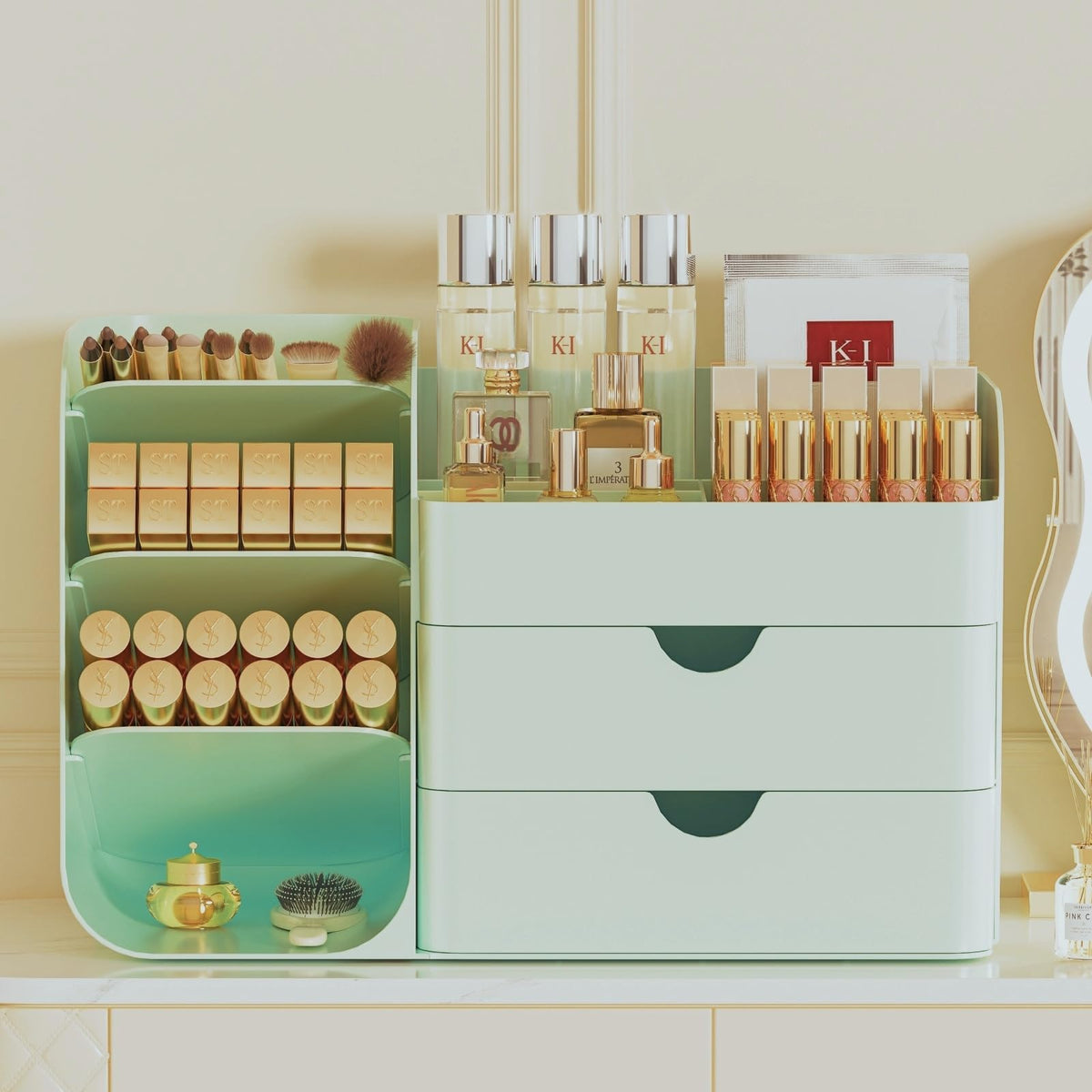 Makeup Organizer for Vanity - Large Skincare Organizers Countertop, Cosmetic Organizer with Brush Holder and 2 Drawer, Makeup Storage for Lipsticks, Nail Polishes, Eyeshadow Palettes, White