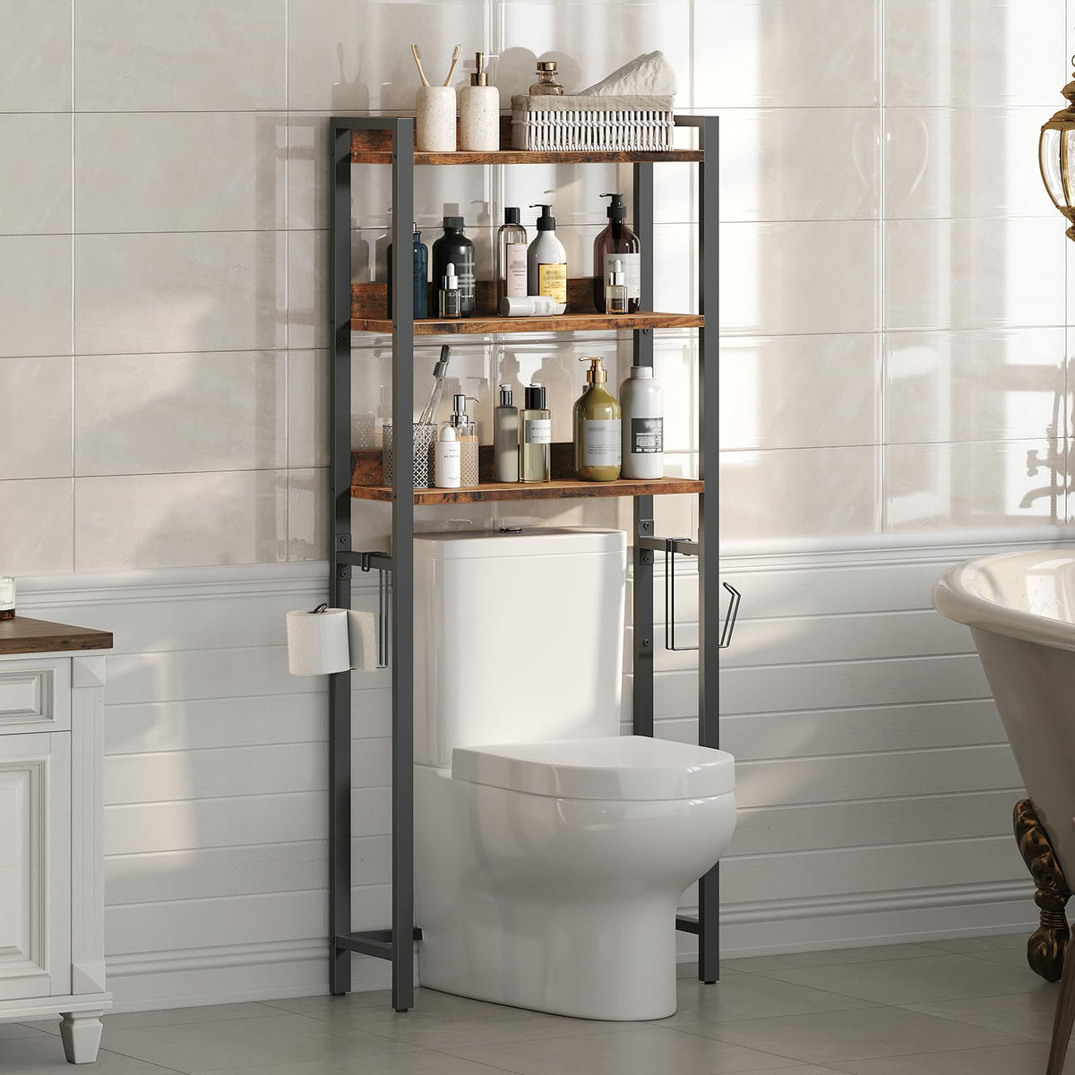 MAHANCRIS Over The Toilet Storage Rack, 4 Tier Bathroom Organizer Over Toilet, Freestanding Space Saver Toilet Stand with 2 Hooks, Bathroom Storage Shelf, Easy to Assemble, Rustic Brown TSHR0401Z