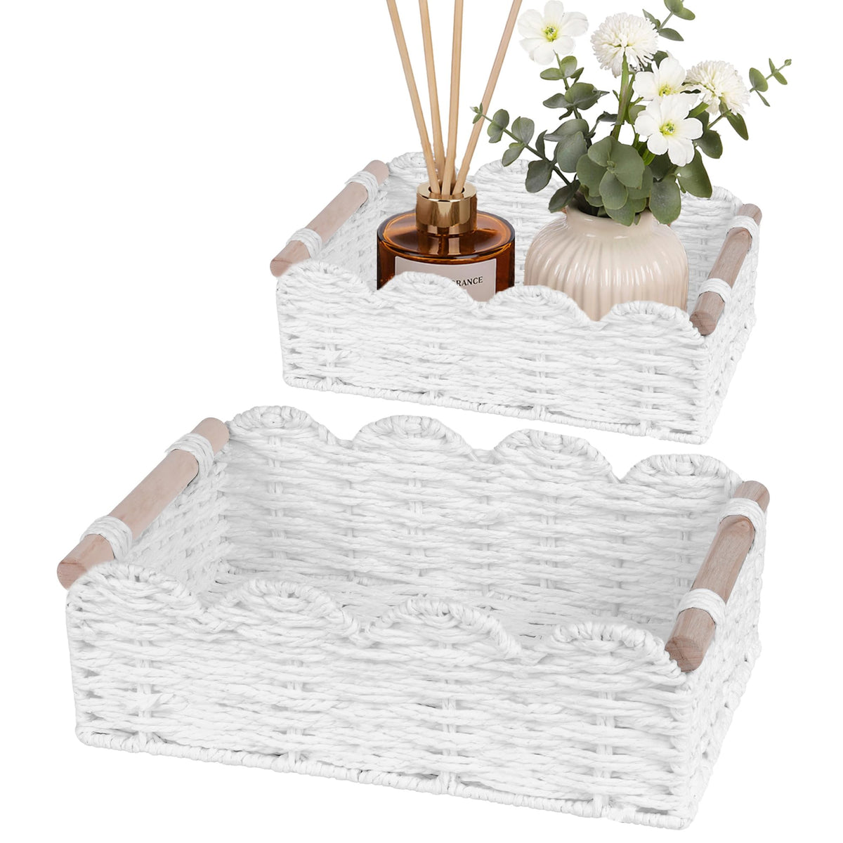 iEGrow Paper Rope Small Storage Baskets for Organizing, Set of 2 Scalloped Edge Wicker Basket with Wooden Handles Toilet Paper Basket for Over Toilet Storage Shelf, Home Decor, Living Room (Neutral)