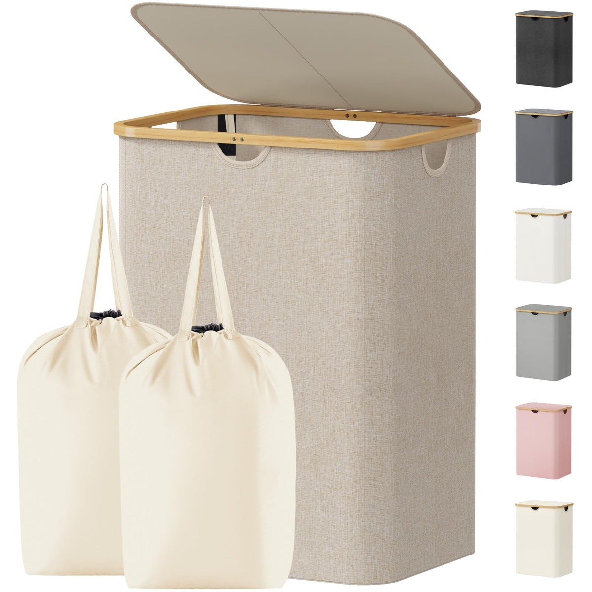 Lifewit 105L Large Laundry Basket with Lid, Removable Bags, Beige