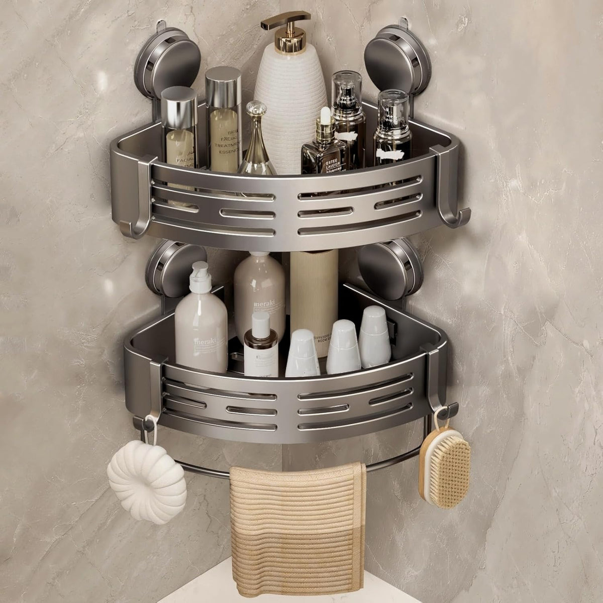 VOLPONE Corner Shower Caddy Suction Cup Shower Shelf Corner No Drilling Bathroom Shower Organizer Storage Rack Adhesive with Towel Bar Hooks (2-Pack,Gray)