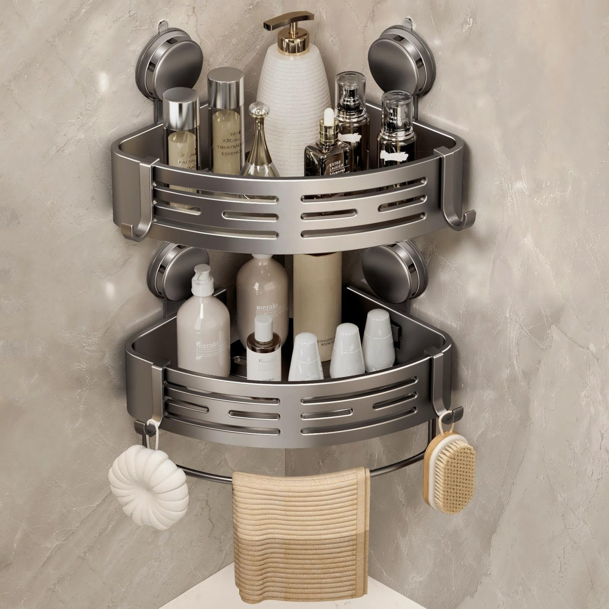 VOLPONE Corner Shower Caddy Suction Cup Shower Shelf Corner No Drilling Bathroom Shower Organizer Storage Rack Adhesive with Towel Bar Hooks (2-Pack,Gray)