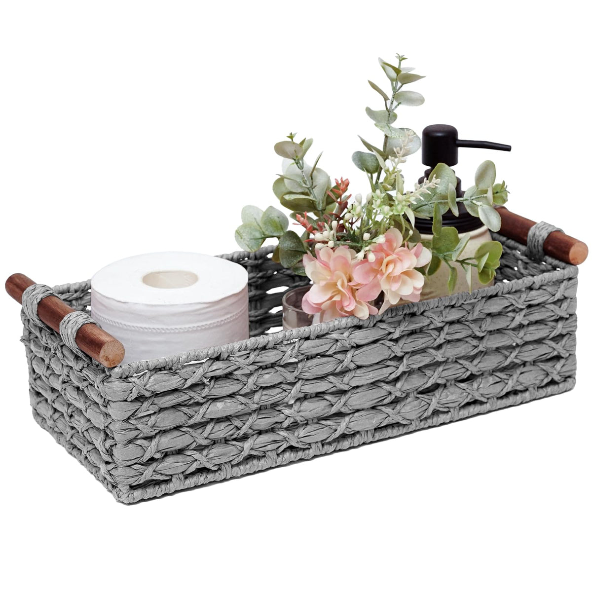 Round Paper Rope Storage Basket Wicker Baskets for Organizing with Handle Decorative Storage Bins for Countertop Toilet Paper Basket for Toilet Tank Top Small Baskets Set,Green