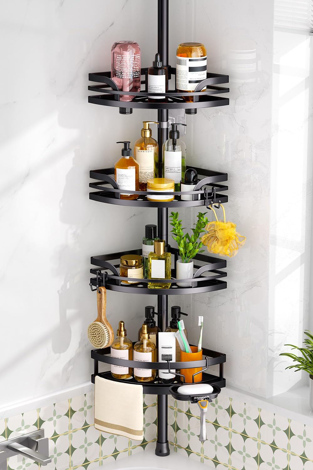 HAMITOR Shower Caddy Tension Pole: 4-Tier Adjustable Corner Organizer Black