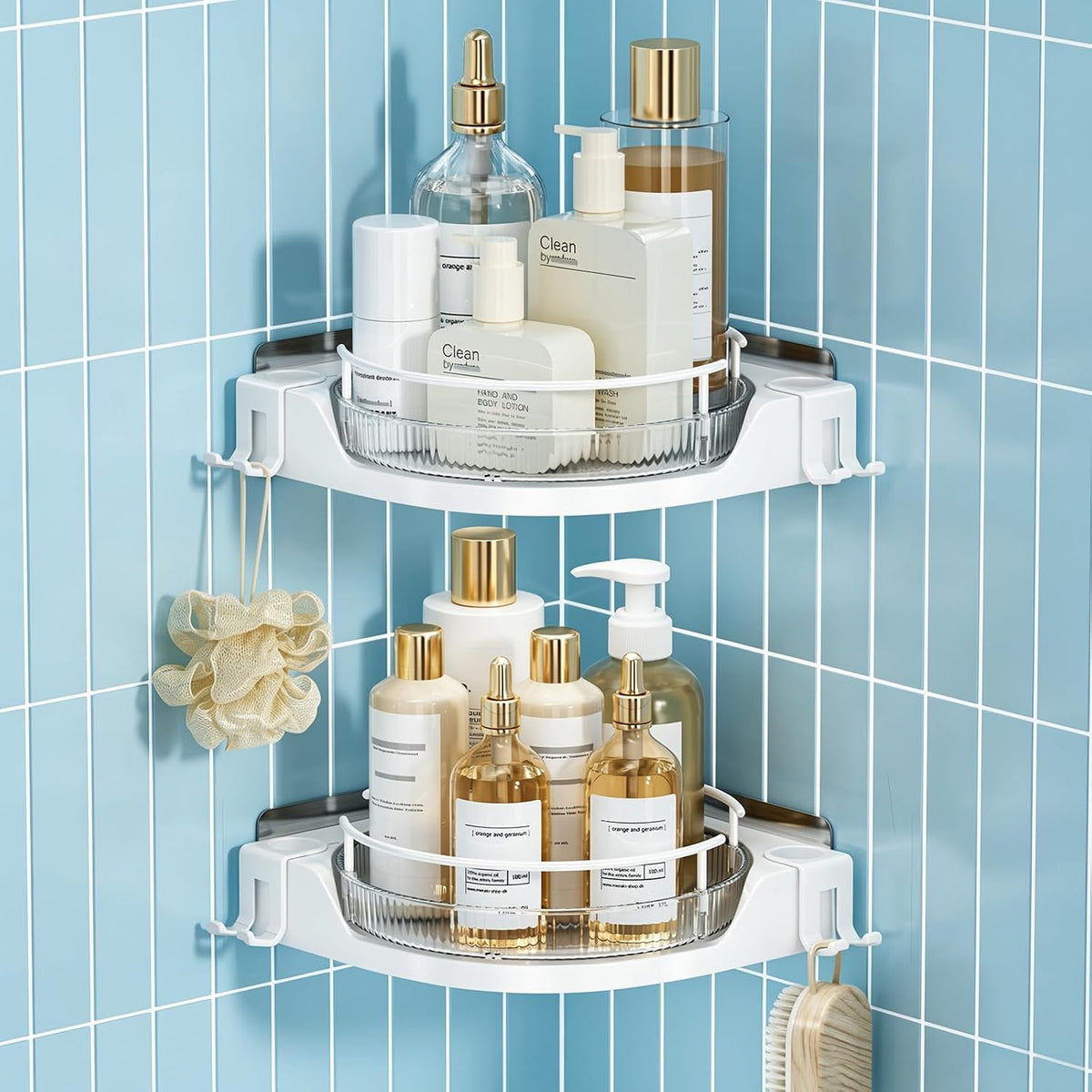 shuang qing 360° Rotating Corner Shower Caddy, 2-Tier Adhesive Shower Organizer Shelf with Removable Clear Trays, No-Drill Bathroom Storage Rack for Shampoo, Body Wash & Shower Essentials,White