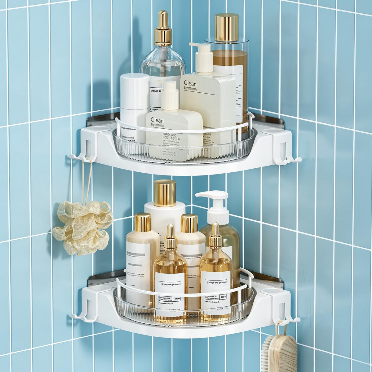 shuang qing 360° Rotating Corner Shower Caddy, 2-Tier Adhesive Shower Organizer Shelf with Removable Clear Trays, No-Drill Bathroom Storage Rack for Shampoo, Body Wash & Shower Essentials,White