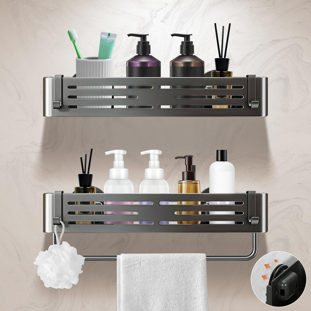 Lekesky Suction Cup Shower Caddy, No Drill Shower Shelf, Aluminum Rust Proof Bathroom Shower Organizer with 12 Hooks (2-Pack, Gunmetal Gray)