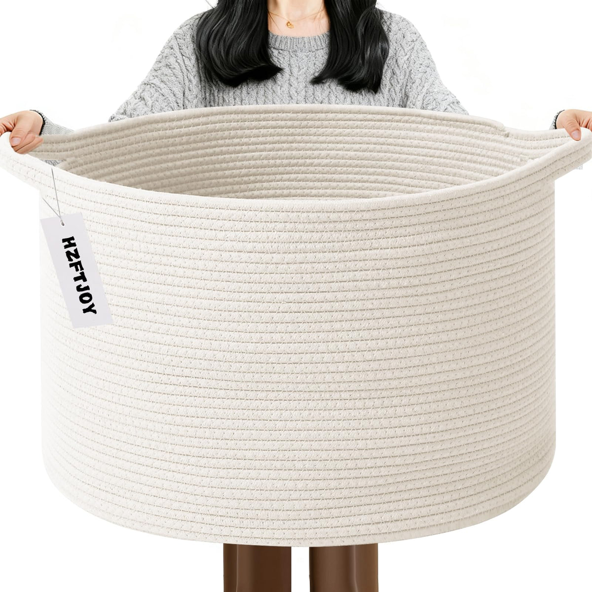Large Woven Blanket Basket,65L Cotton Rope Laundry Basket
