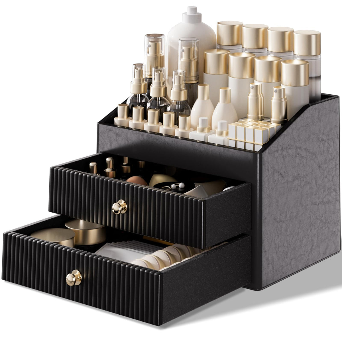 LADSTAG Vanity Organizers,Luxury Skincare Organizer with 3 Tier Drawers,Beige White Large Capacity Cosmetic Organizer Countertop for Makeup Brush,Dresser,Bedroom,Bathroom,Mom Gifts,Mom Birthday Gifts