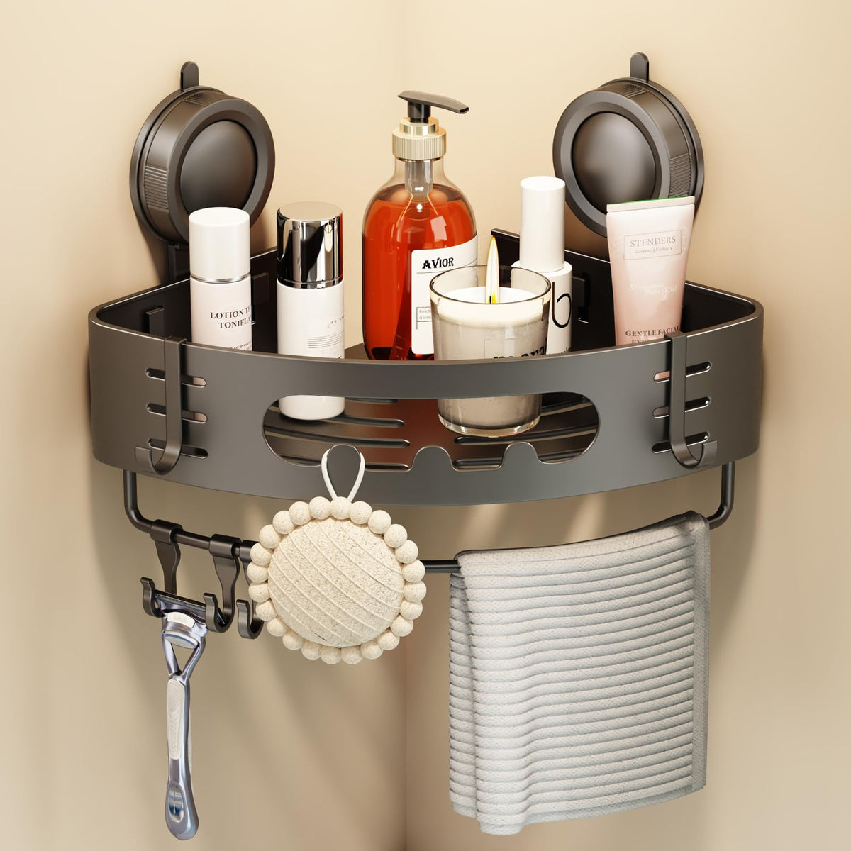 Voldra Corner Shower Caddy Suction Cup, Aluminum Corner Shower Shelves for Wall No Drilling, Large Suction Cup Shower Organizer with Towel Bar & Hooks Removable Bathroom Storage Rack(2 Pack-Gray)