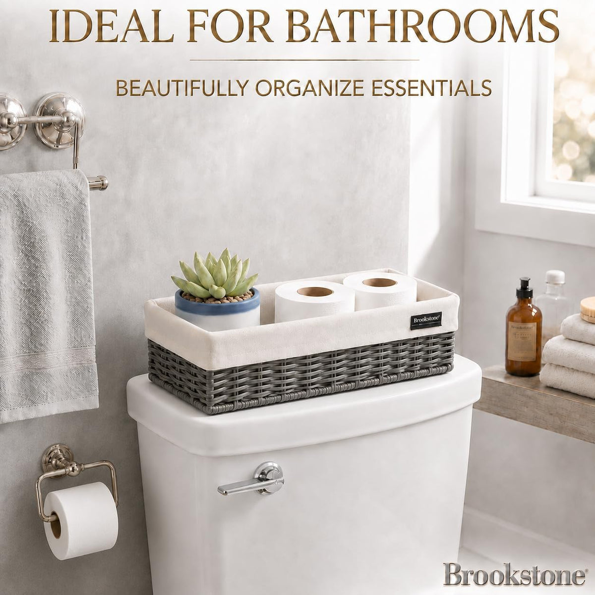 Brookstone Over the Toilet Tank Wicker Storage Basket, Bathroom and Closet Organizers and Storage Bins with Fabric Liner, Grey, 2 Pack Set