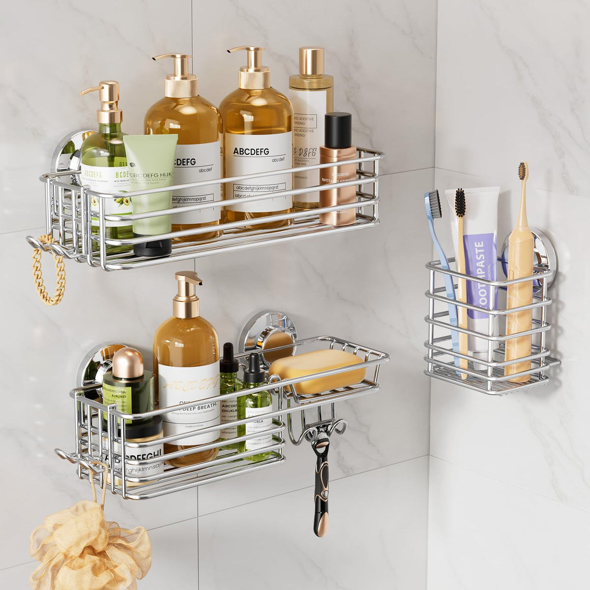 LEVERLOC Shower Caddy Suction Cup, 2 Pack Shower Shelves for Inside Shower with Hooks & Soap Holder, NO-Drilling Bathroom Shower Organizer, Rustproof Meatl Shower Holder Storage, Black