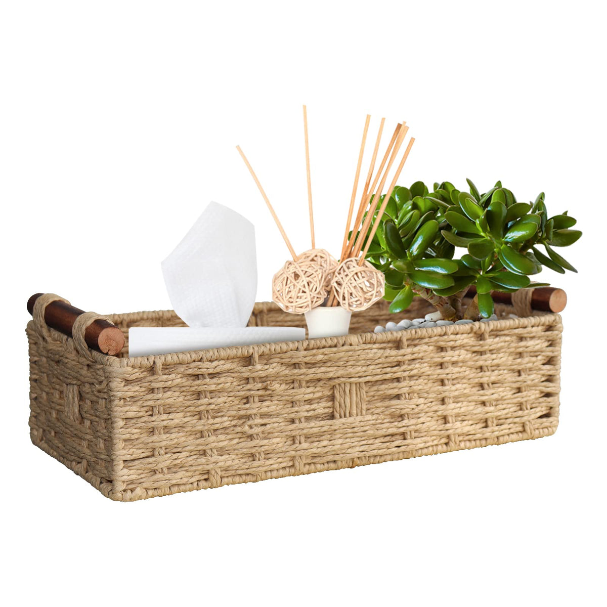 Round Paper Rope Storage Basket Wicker Baskets for Organizing with Handle Decorative Storage Bins for Countertop Toilet Paper Basket for Toilet Tank Top Small Baskets Set,Green