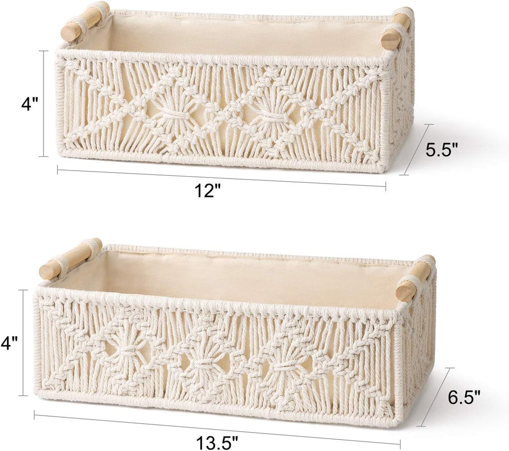 Mkono 2Pc Macrame Storage Basket, Boho Decor Toilet Paper Holder, Ivory