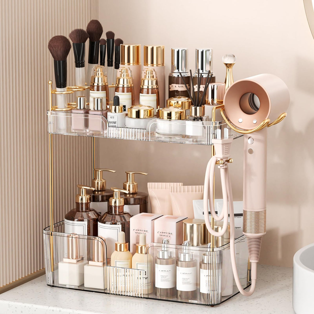 Bathroom Counter Organizer for Vanity, Makeup Organizer Countertop with Holder, Large Capacity Storage Rack, Perfect Large Skincare, Hair Care, Perfume, Easy to Install (Clear, 3Tiers)