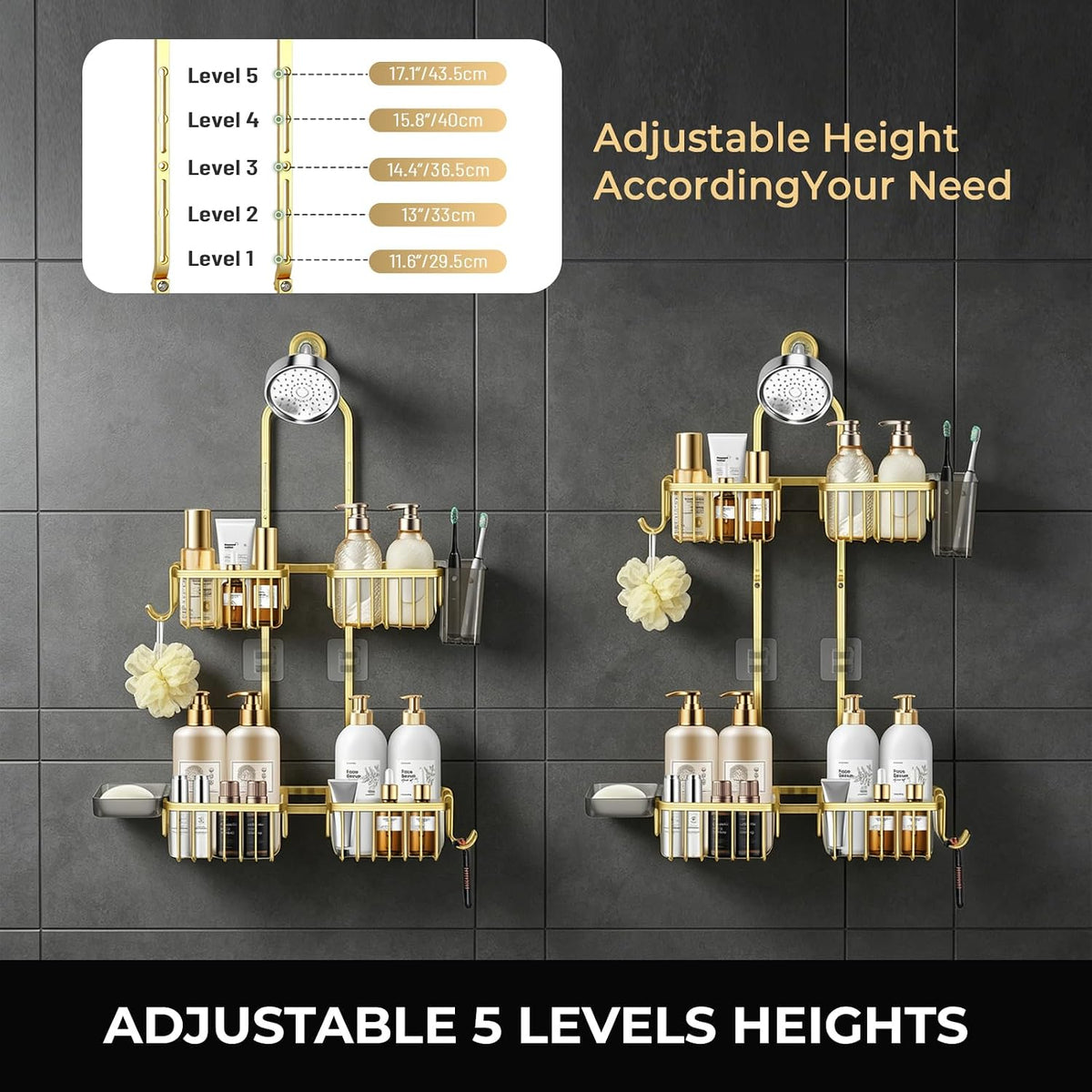 Adjustable Hanging Shower Caddy for Handheld Showerhead, Rustproof Aluminum Over Shower Head Organizer, Renter-Friendly No-Swing Storage for Tall Bottles & Soap, 2-Tier, Gold