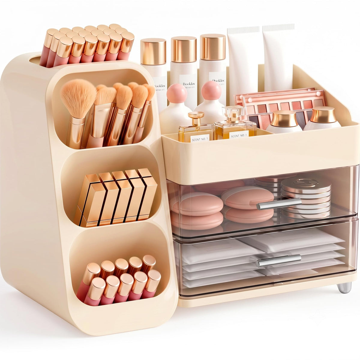 Booklov Small Makeup Organizer for Vanity Countertop, Cream