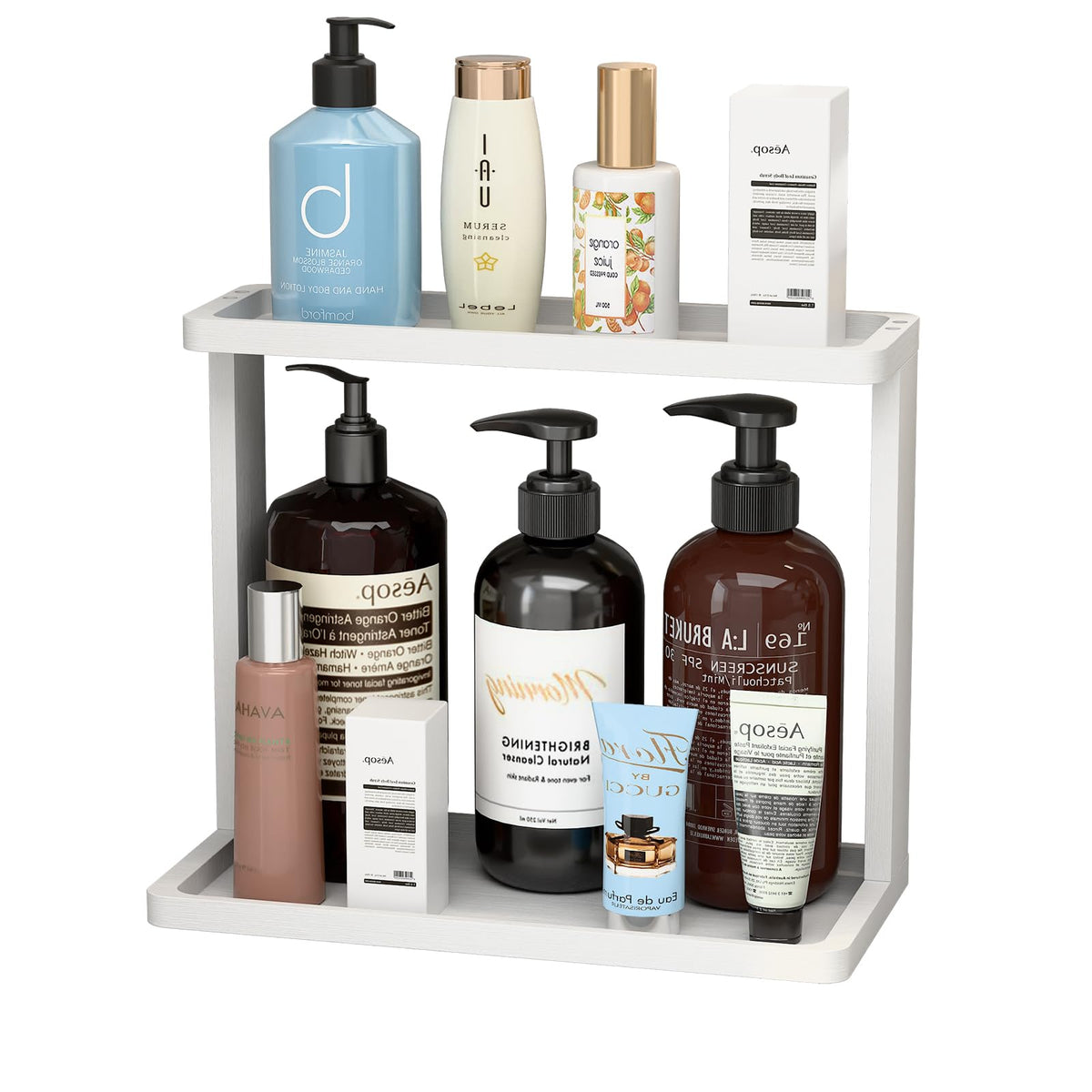 PEKER Bamboo Bathroom Organizer Countertop – Small Vanity Storage Shelf for Makeup, Perfume, Skincare – Natural Cosmetics Display Rack for Dresser, Sink, Kitchen – Natural