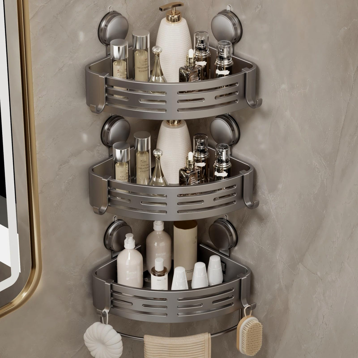 VOLPONE Corner Shower Caddy Suction Cup Shower Shelf Corner No Drilling Bathroom Shower Organizer Storage Rack Adhesive with Towel Bar Hooks (2-Pack,Gray)