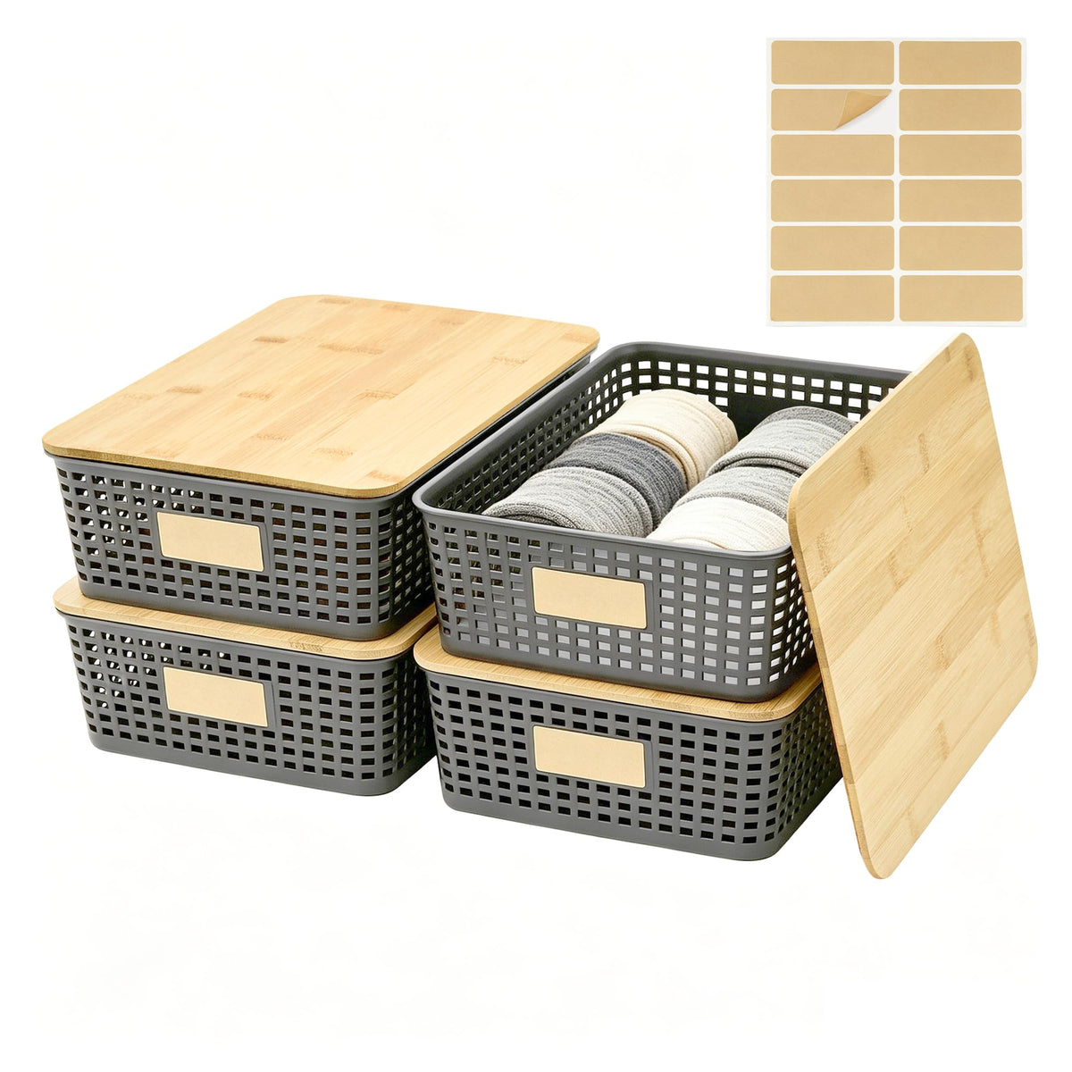 Bagnizer Small Plastic Storage Bins with Bamboo Lids 5.2qt Stackable Box Basket Pantry Decorative Containers Cute with Labels for Organizing Desktop Closet Office Cream White of 6 packs 10*7.2*4.1"