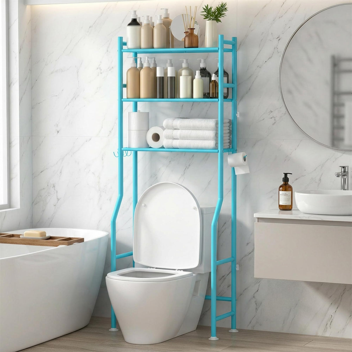 GloTika 3-Tier Over Toilet Storage, Anti-Tilt, 64" H, Black