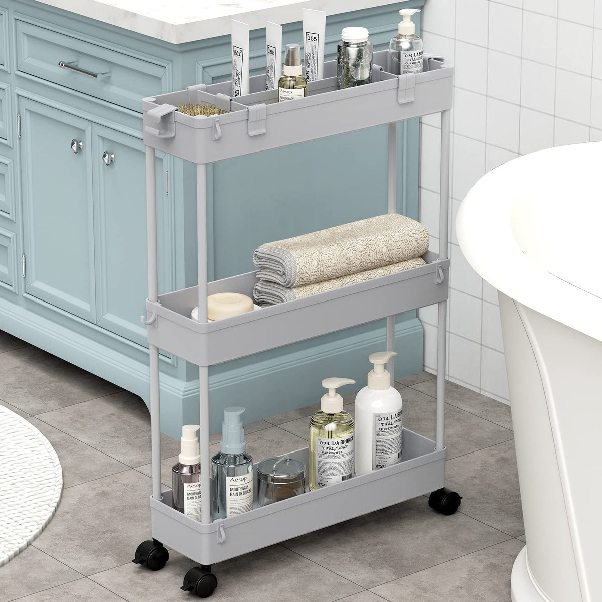 SPACELEAD Slim Storage Cart 3 Tier,Bathroom Organizer Rolling Utility, Mobile Shelving Unit Slide Out for Office, Kitchen, Laundry Room & Narrow Places,White