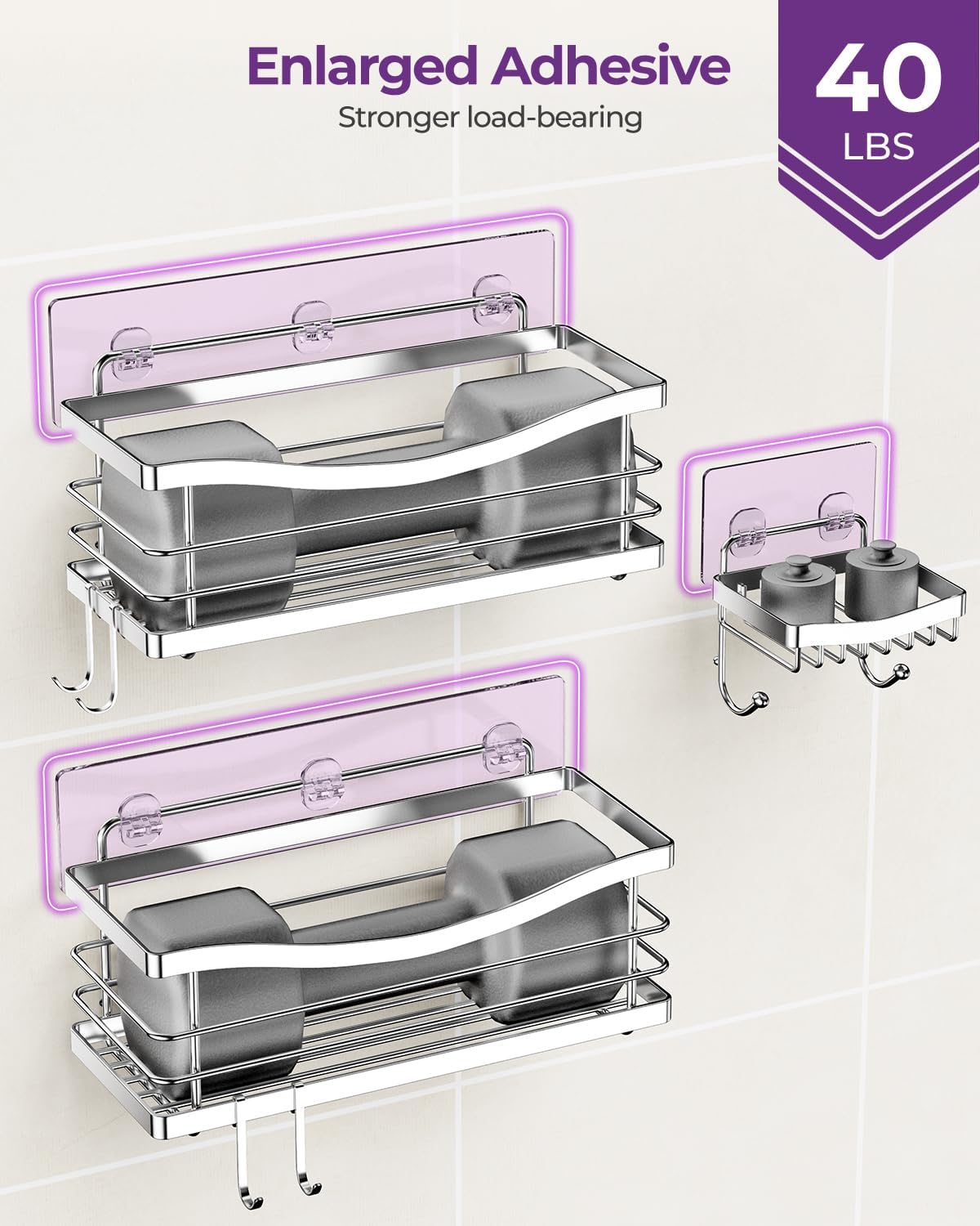 ODesign 3 Pack Adhesive Shower Caddy,Rustproof Shower Shelves Rack,Silver