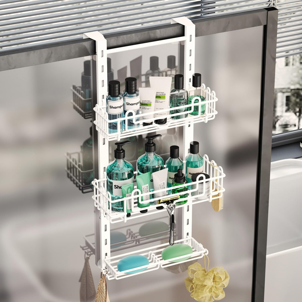 HapiRm Over the Door Shower Caddy - 4-Tier Hanging Shower Organizer with 22 Hooks and 2 Toothbrush Holders, No Drilling Adjustable Hanging Shelves for Bathroom - Black