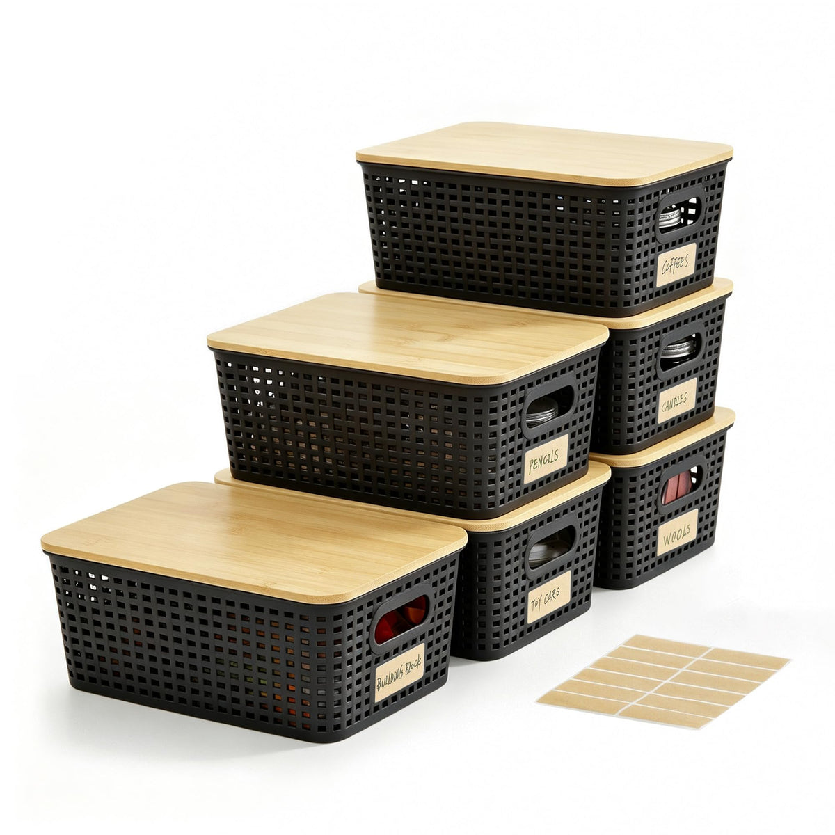 Bagnizer Small Plastic Storage Bins with Bamboo Lids 5.2qt Stackable Box Basket Pantry Decorative Containers Cute with Labels for Organizing Desktop Closet Office Cream White of 6 packs 10*7.2*4.1"