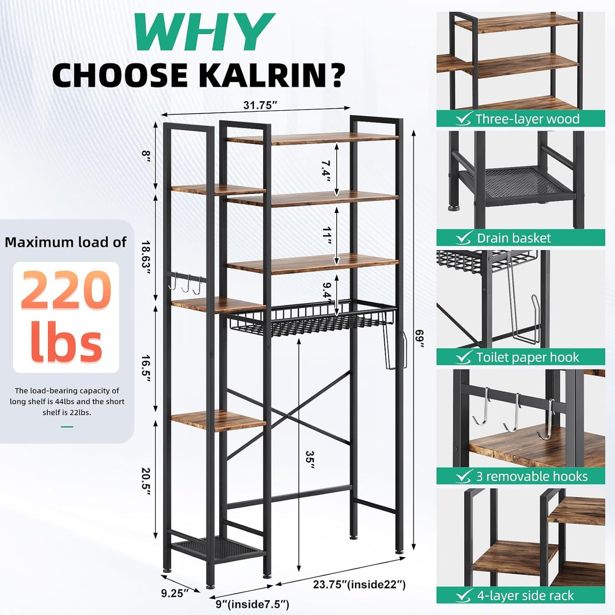 Kalrin 8-Tier Over The Toilet Storage with Side Rack, Over Toilet Storage Rack with Adjustable Shelf & Drain Basket, Freestanding Bathroom Organizer for Balcony, Laundry (Vintage Brown)