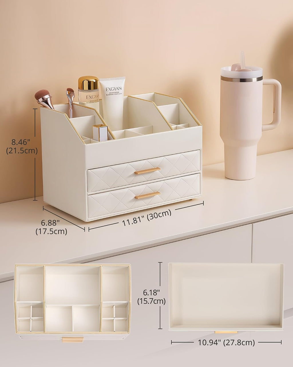 Lolalet 3-Layer PU Leather Makeup Organizer for Cosmetic Vanity -Beige