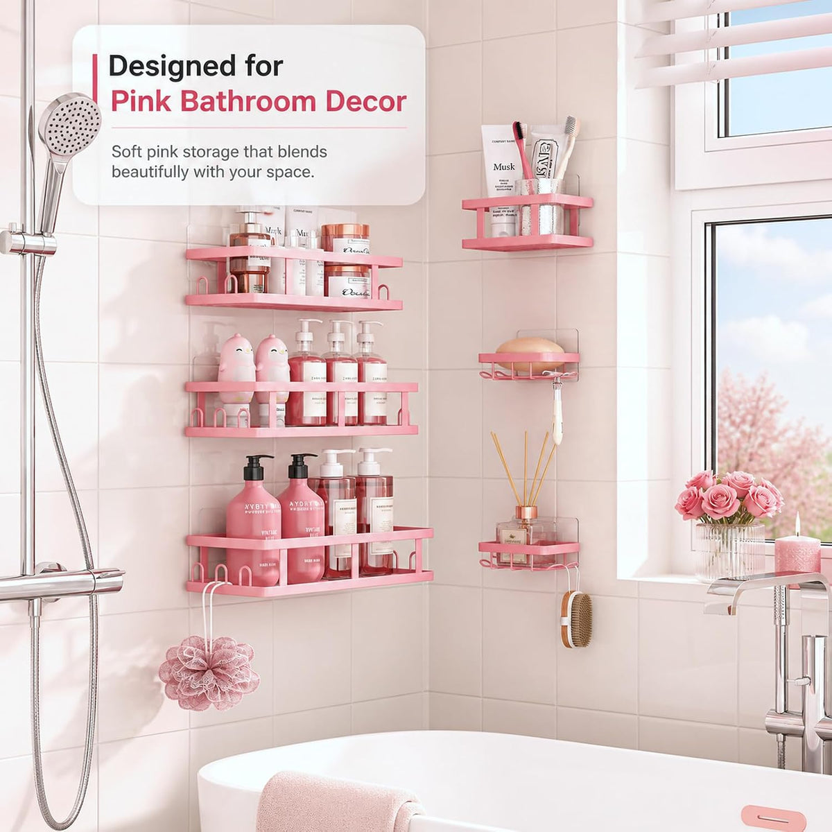 Youvip Pink Shower Caddy 6 Pack, Adhesive Shower Shelves