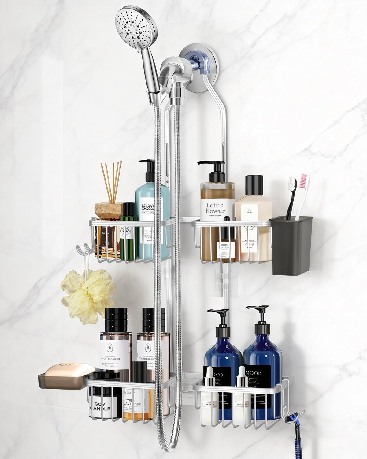 Adjustable Hanging Shower Caddy for Handheld Showerhead, Rustproof Aluminum Over Shower Head Organizer, Renter-Friendly No-Swing Storage for Tall Bottles & Soap, 2-Tier, Gold