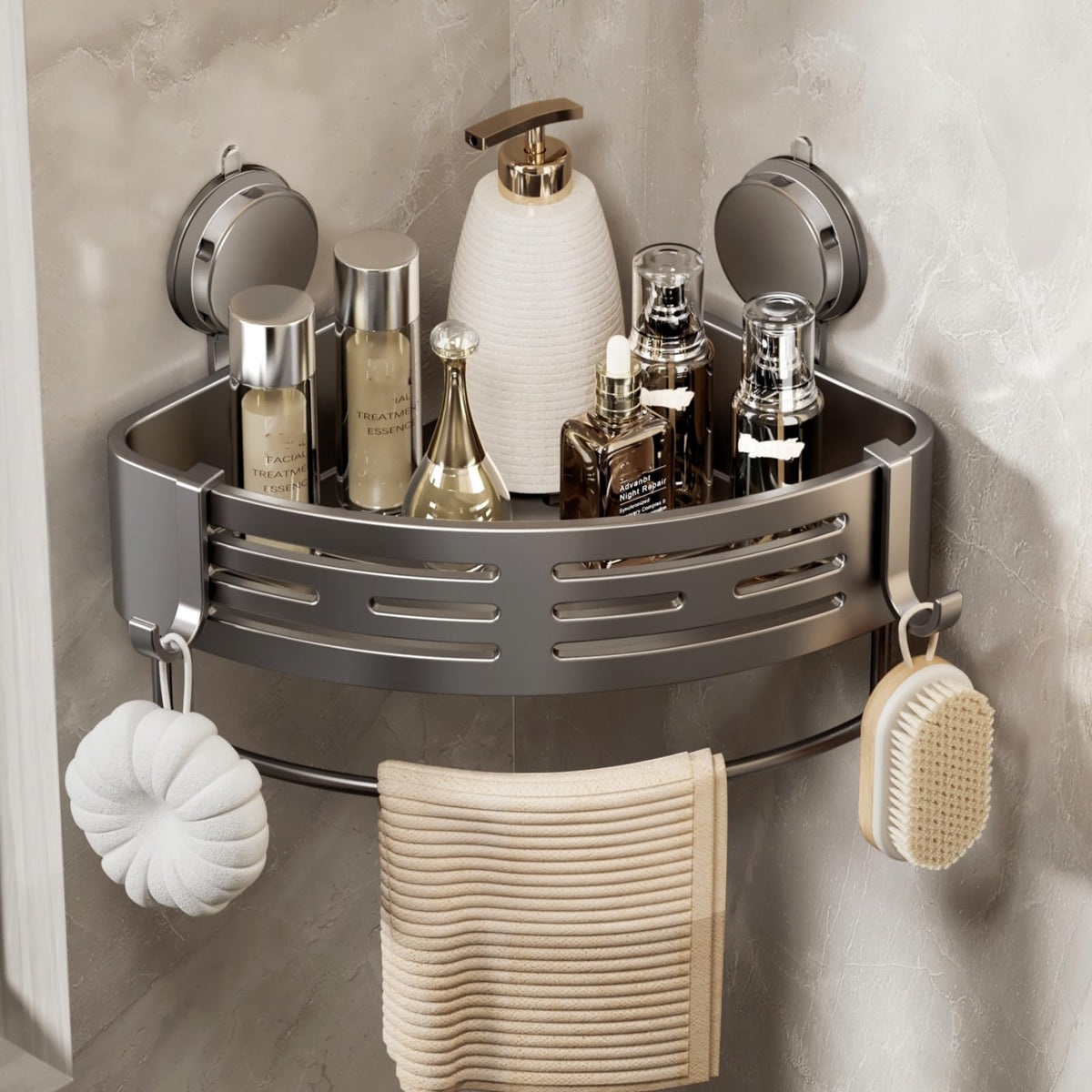 VOLPONE Corner Shower Caddy Suction Cup Shower Shelf Corner No Drilling Bathroom Shower Organizer Storage Rack Adhesive with Towel Bar Hooks (2-Pack,Gray)